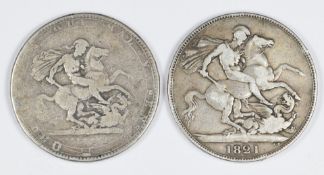1819 George III crown poor-fine and an 1821 George IV example, GF