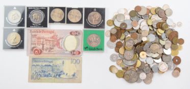 A collection of largely overseas coinage with small silver content, two Portuguese banknotes and