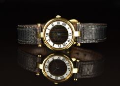 Must de Cartier silver gilt ladies wristwatch with blued hands, black Roman numerals, tri-colour