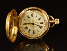Robert Maret 18ct gold keyless winding full hunter pocket watch with blued hands, black Roman