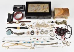 Six silver necklaces, silver earrings, beads, agate pendants etc, in agate box