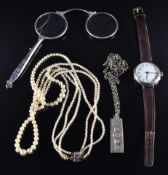 Art Deco platinin lorgnette with enamel decoration, silver watch, silver ingot and faux pearls