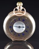 Bulla 9ct gold keyless winding half hunter pocket watch with subsidiary seconds dial, blued hands,