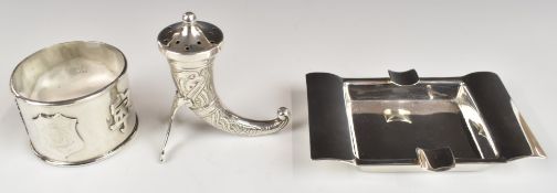 Art Deco hallmarked silver ashtray, length 9cm, Chinese silver napkin ring and a Norwegian silver