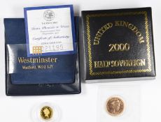 2000 Queen Elizabeth II gold half sovereign in original box and a Diana Princess of Wales