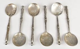 Set of six Belgian silver dessert or similar spoons with floral handles and engraved bowls, marked
