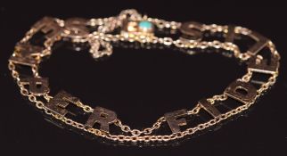 A 9ct gold bracelet reading 'Semper Fidelis' (always faithful) with turquoise cabochon to clasp, 8.