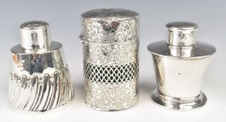 Three dressing table pots comprising Edward VII example with green glass liner and two tapering