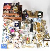 A collection of costume jewellery including brooches, necklaces, watches, coins, Parker pens,