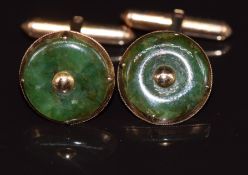 A pair of 14k gold cufflinks set with nephrite jade, 6.3g