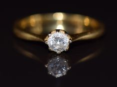 An 18ct gold ring set with a round cut diamond of approximately 0.3ct, 2.5g, size K/L