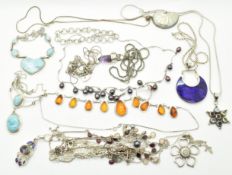 Fifteen silver necklaces / pendants including amethyst, pearls, pressed amber, rose quartz and