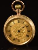 Waltham 10ct gold keyless winding open faced pocket watch with blued hands, black Roman numerals,