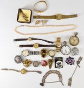 A collection of jewellery and watches including 9ct gold watch, micro mosaic brooch, silver watch,