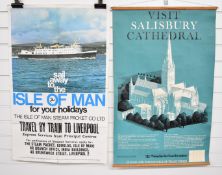 British Railways Salisbury Cathedral travel poster, 98 x 63cm, together with an Isle of Man Steam