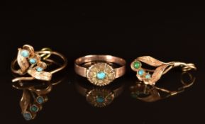 A 9ct rose gold ring set with a turquoise and seed pearls and a 9ct gold ring and matching pendant