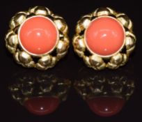 A pair of 18ct gold earrings set with faux coral beads, 6.8g