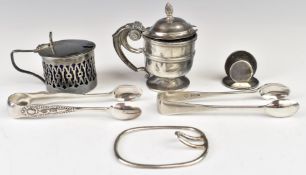 Hallmarked silver items comprising two mustards with blue glass liners, buckle or similar, menu