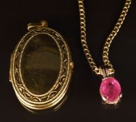 A 9ct gold locket, 9ct gold pendant (4cm) set with an oval cut pink sapphire and a 9ct gold chain,