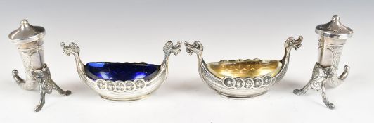 Pair of Norwegian silver novelty open salts formed as Viking ships, together with a pair of