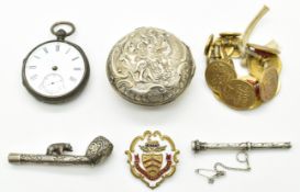 Silver items including pocket watch case, pencil, pocket watch, novelty pipe, set of Belvoir Hunt