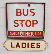 London Transport or similar double sided enamel 'Bus Stop Queue OTHER Side' and 'Queue THIS Side'
