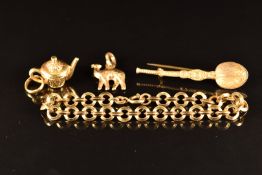 An 18ct gold bracelet, two 18ct gold charms in the form of a camel and kettle (8.9g) and a 9ct