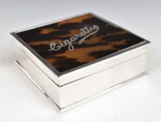 George V hallmarked silver cigarette box with faux tortoiseshell lid, Birmingham 1921, maker Percy