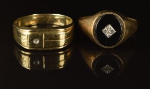 A 9ct gold signet ring set with onyx and a diamond and a 9ct gold ring set with a diamond, 5.6g,