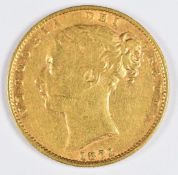 1871 Queen Victoria young head gold full sovereign, shield reverse, die no 21