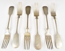 German set of six fiddle pattern 800 grade silver table forks, length 21cm, weight 334g