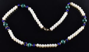 A pearl, malachite, lapis lazuli and 14k gold beaded necklace with 14k gold clasp