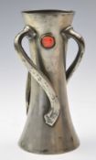 Tudric for Liberty Art Nouveau pewter vase with three wrythen handles and applied cabochon, height