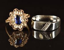 A 9ct gold ring set with a synthetic sapphire surrounded by spinel and a 9ct white gold ring set
