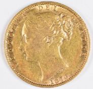 1870 Queen Victoria young head gold full sovereign, shield reverse, die no 122