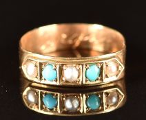 A c1900 18ct gold ring set with seed pearls and turquoise, 1.2g, size F