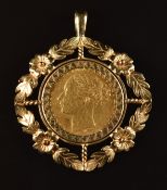 An 1876 gold full sovereign with Melbourne mint mark, in 9ct gold floral pendant mount, 14.7g