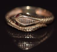 A 9ct gold ring in the form of a snake set with garnet eyes, 2.7g, size Q