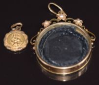 Edwardian 15ct gold locket set with seed pearls and a 9ct gold St Christopher, 0.6g