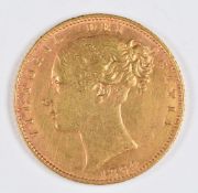 1864 Queen Victoria young head gold full sovereign, shield reverse, die no 32