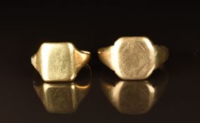 Two 9ct gold signet rings (one band is cut), 11.2g
