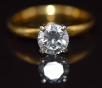 An 18ct gold ring set with a round cut diamond of approximately 1.08ct, 4g, size J
