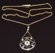 Edwardian 9ct gold pendant set with opals and a demantoid garnet with Greek key decoration, on a 9ct
