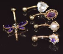 Five 9ct gold belly button bars four set with paste and one a pearl, 9.6g