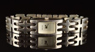 Georg Jensen ladies silver wristwatch with silver hands, white dial and quartz movement, on silver