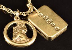 A 9ct gold ingot pendant and 9ct gold St Christopher on a 9ct gold chain, 14.1g