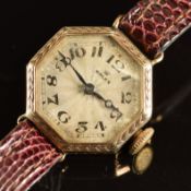 Rolex Art Deco 9ct gold ladies wristwatch with blued hands, black Arabic numerals, silver dial,