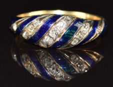 Victorian ring set with blue enamel and old cut diamonds, verso a glass compartment, 3.1g, size L
