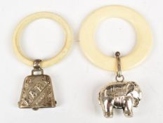 Two hallmarked silver baby's rattles comprising 'Baby' bell, Birmingham 1901, maker Henry Williamson