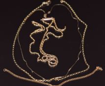 Four sections of 9ct gold necklaces / bracelets, 16.8g